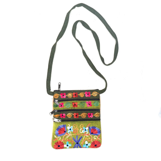 5 Zipper Cross Body Embroidery Cotton Bag