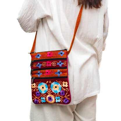 5 Zipper Cross Body Embroidery Cotton Bag