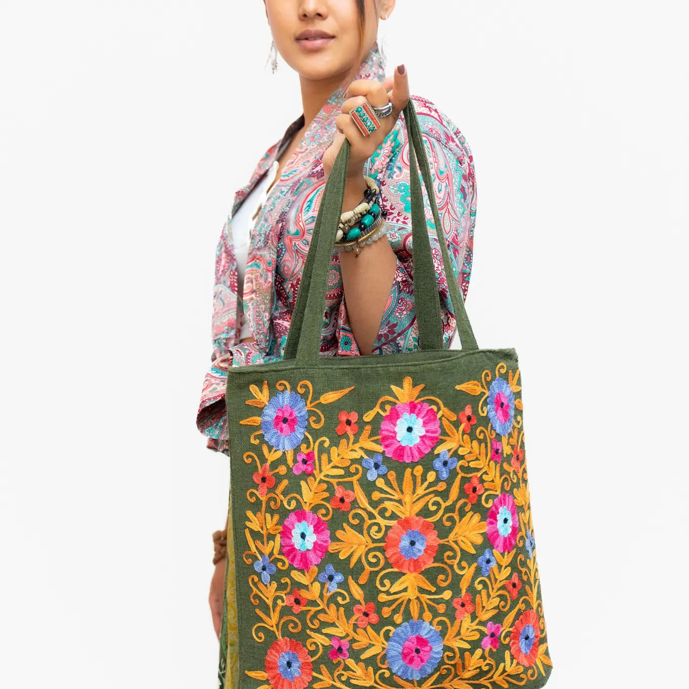 Cotton Embroidery Hand Woven Tote Bag