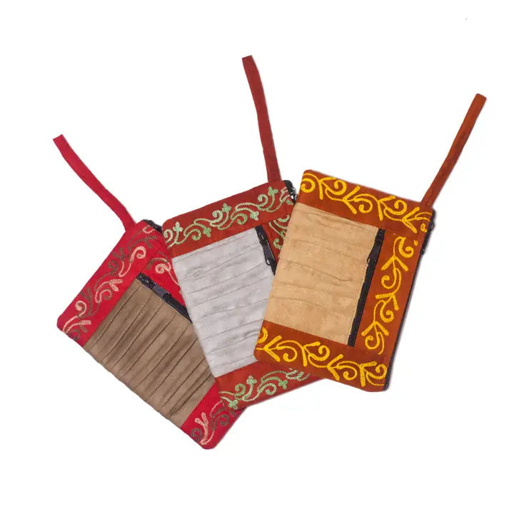 Faux Suede Embroidered Zip Purse