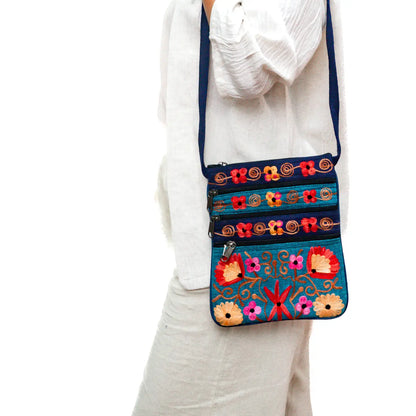 5 Zipper Cross Body Embroidery Cotton Bag