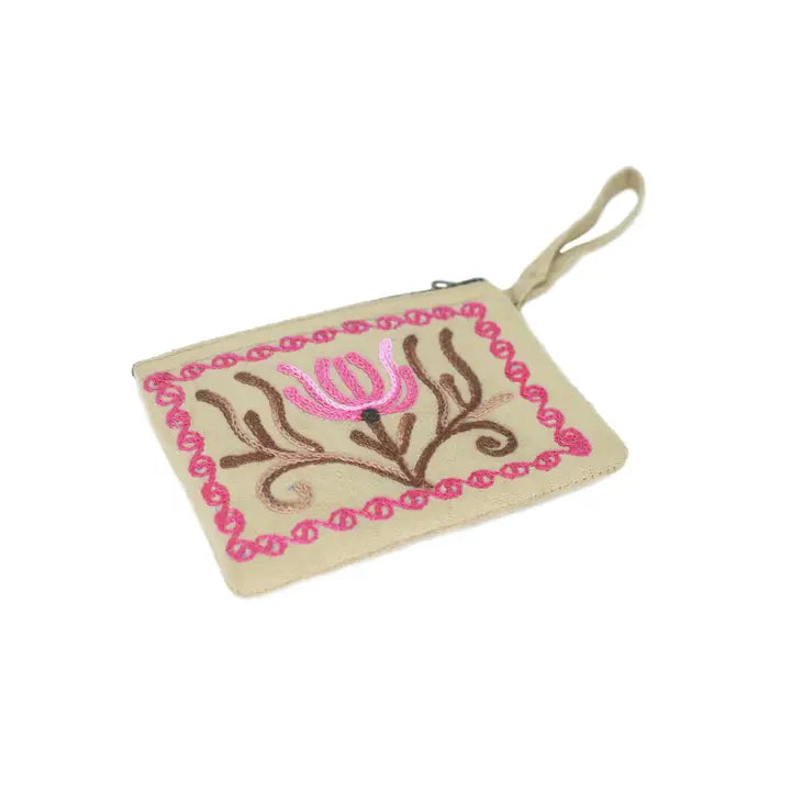 Faux Suede Embroidered Coin Purse
