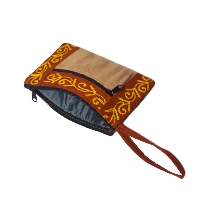 Faux Suede Embroidered Zip Purse