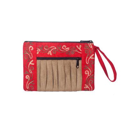 Faux Suede Embroidered Zip Purse
