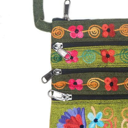 5 Zipper Cross Body Embroidery Cotton Bag