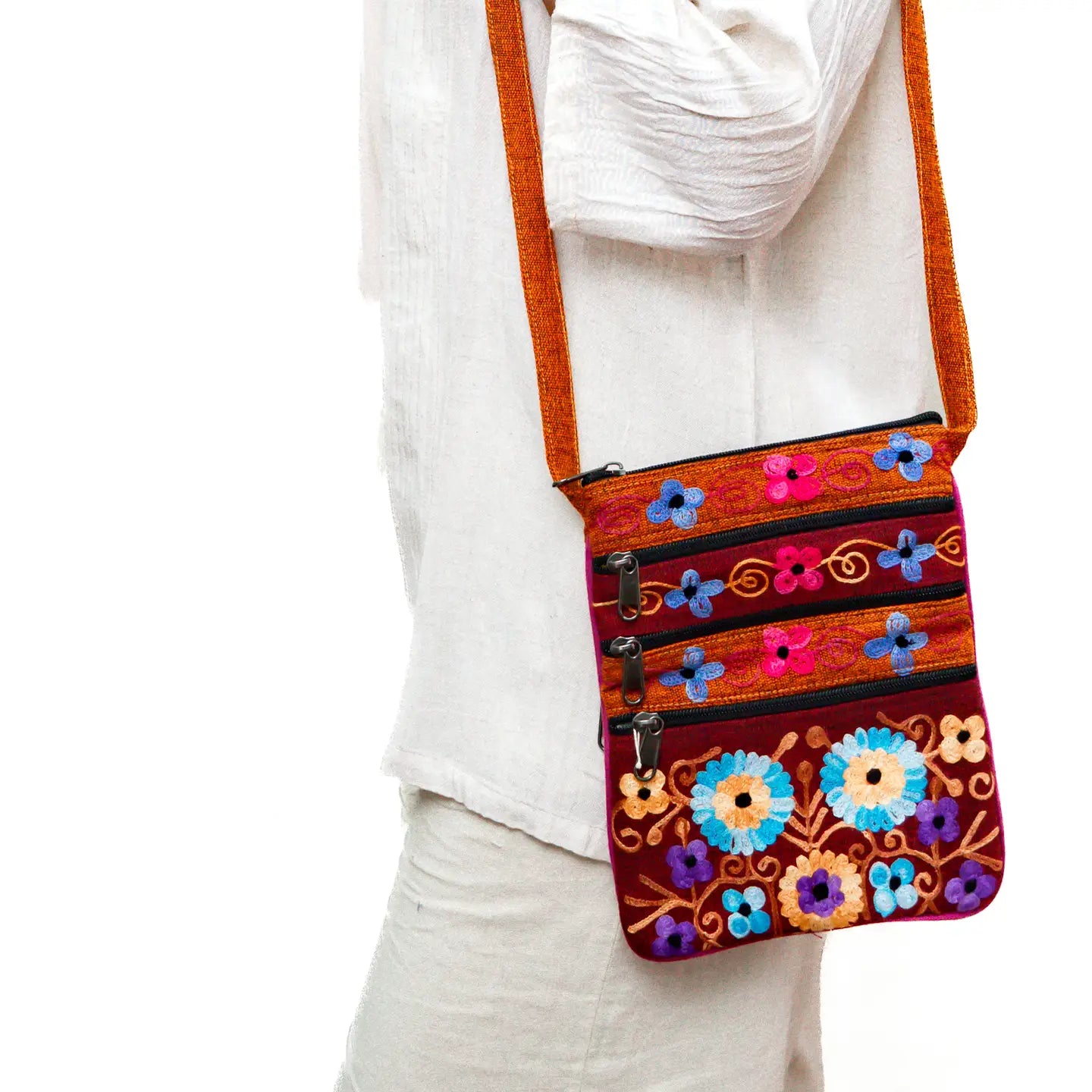 5 Zipper Cross Body Embroidery Cotton Bag