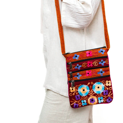 5 Zipper Cross Body Embroidery Cotton Bag