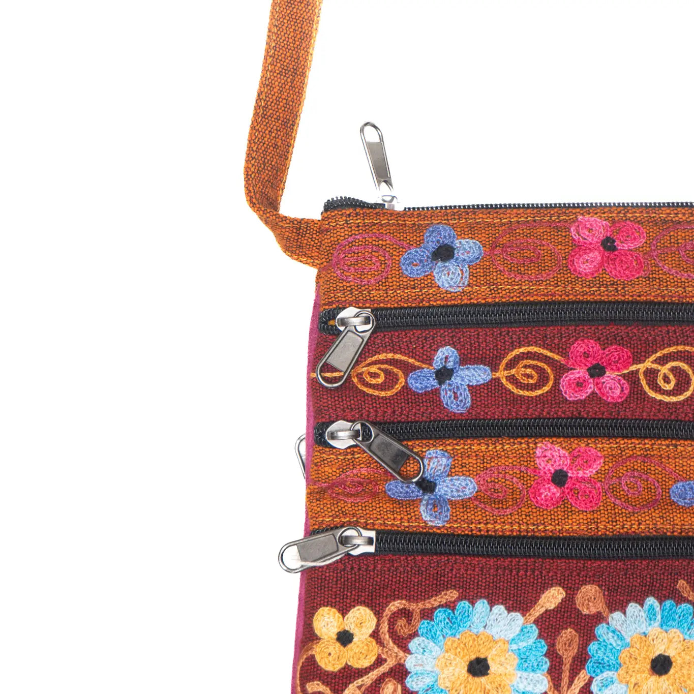5 Zipper Cross Body Embroidery Cotton Bag
