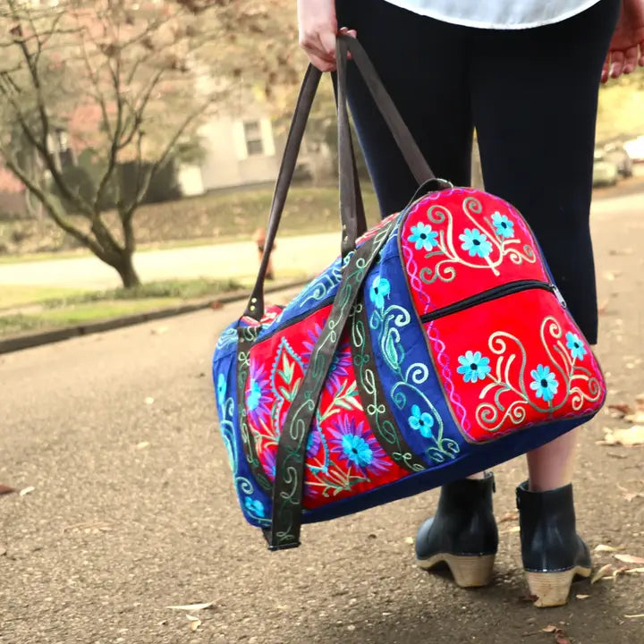 Faux Suede Embroidered Travel Bag