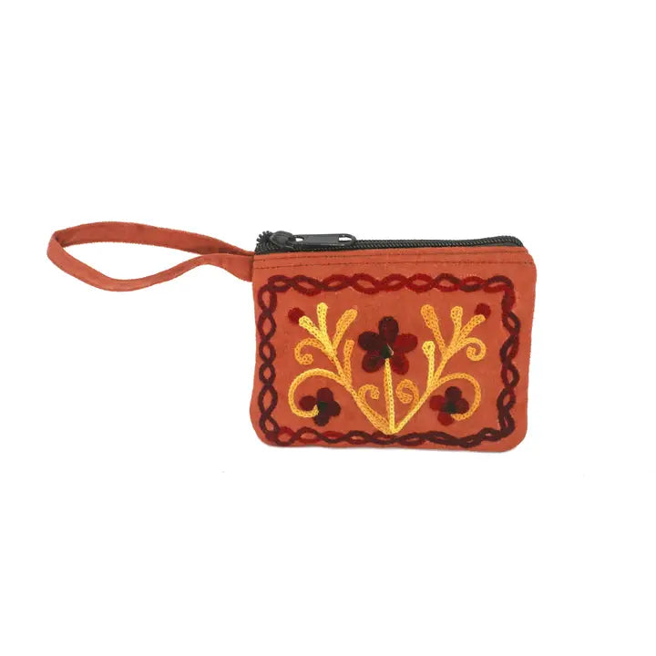 Faux Suede Embroidered Coin Purse