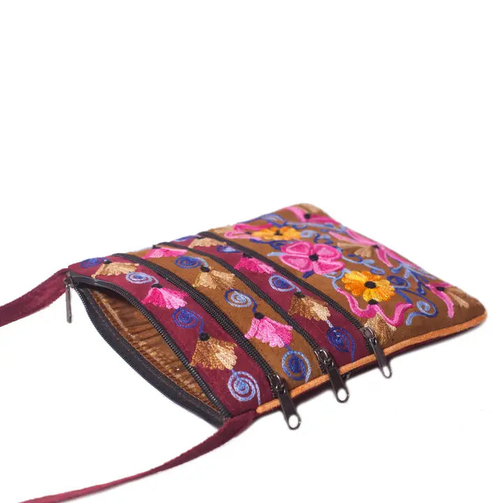 Embroidered Zip Shoulder Bag