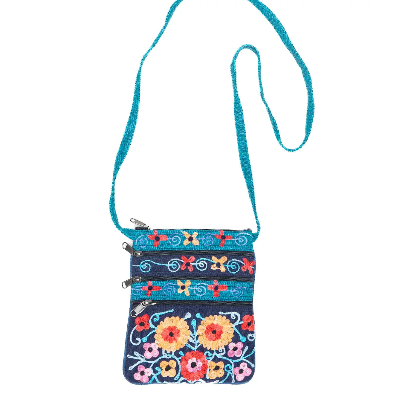 5 Zipper Cross Body Embroidery Cotton Bag