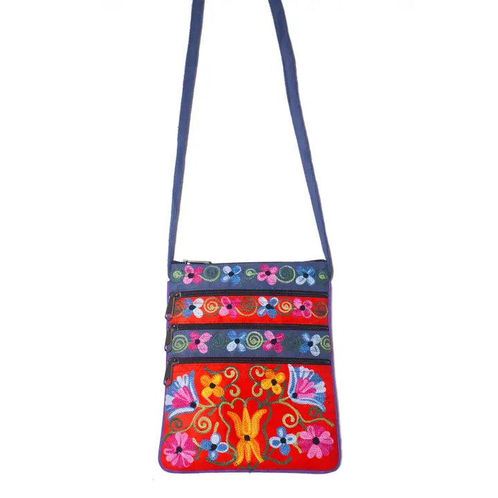 Embroidered Zip Shoulder Bag